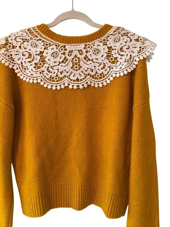 Maeve By Anthropologie Mustard Cardigan With Lace Collar Floral Buttons Size M - Picture 14 of 14